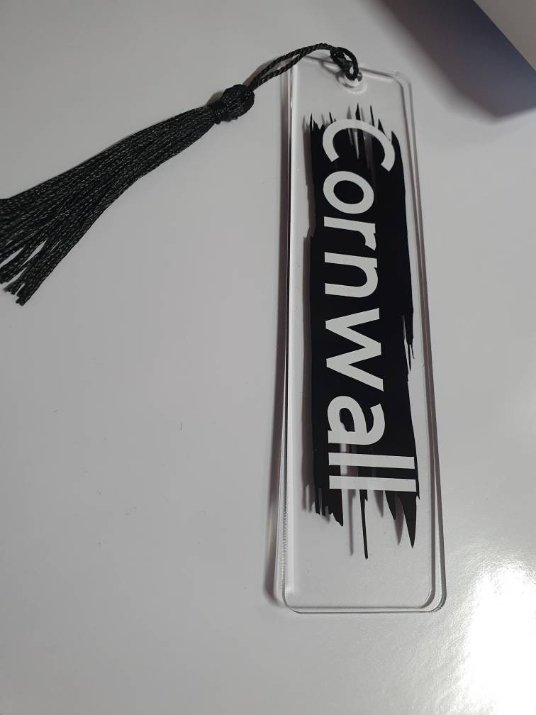 Cornwall Bookmark: Clear Acrylic with Black Text & Tassel - Unique Souvenir