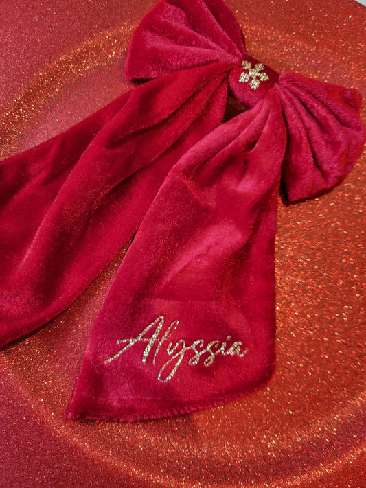 Gorgeous velvet red Christmas Bow with gold Glitter name