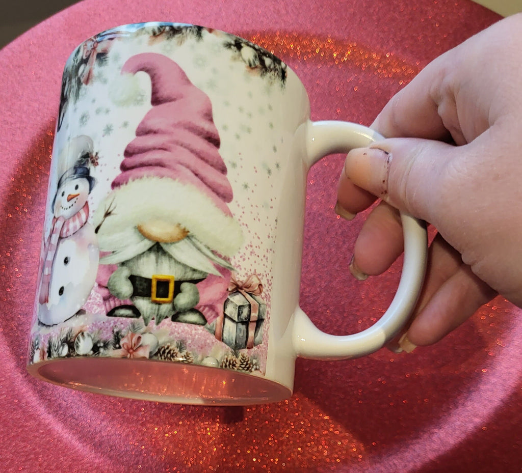 Gnome Mug: Christmas Snowman, Pink Hat, Holiday Gift Coffee Cup