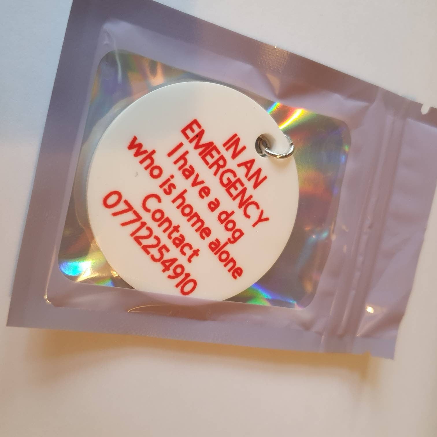 Dog Emergency Keychain: Pet Safety Alert - "In an Emergency I have a dog home alone" with Emergency Contact Number.