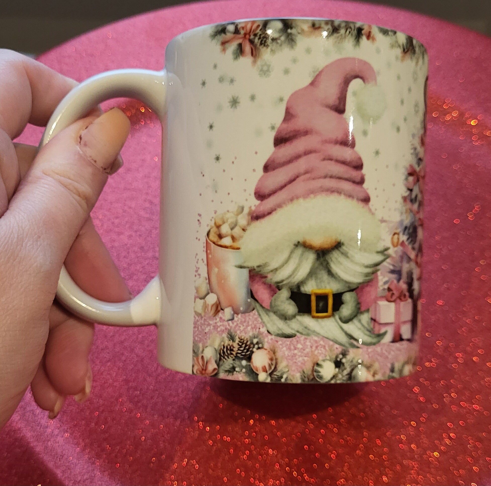 Christmas Gnome Mug: Pink Hat, Holiday Gift Idea, Decorative Coffee Cup