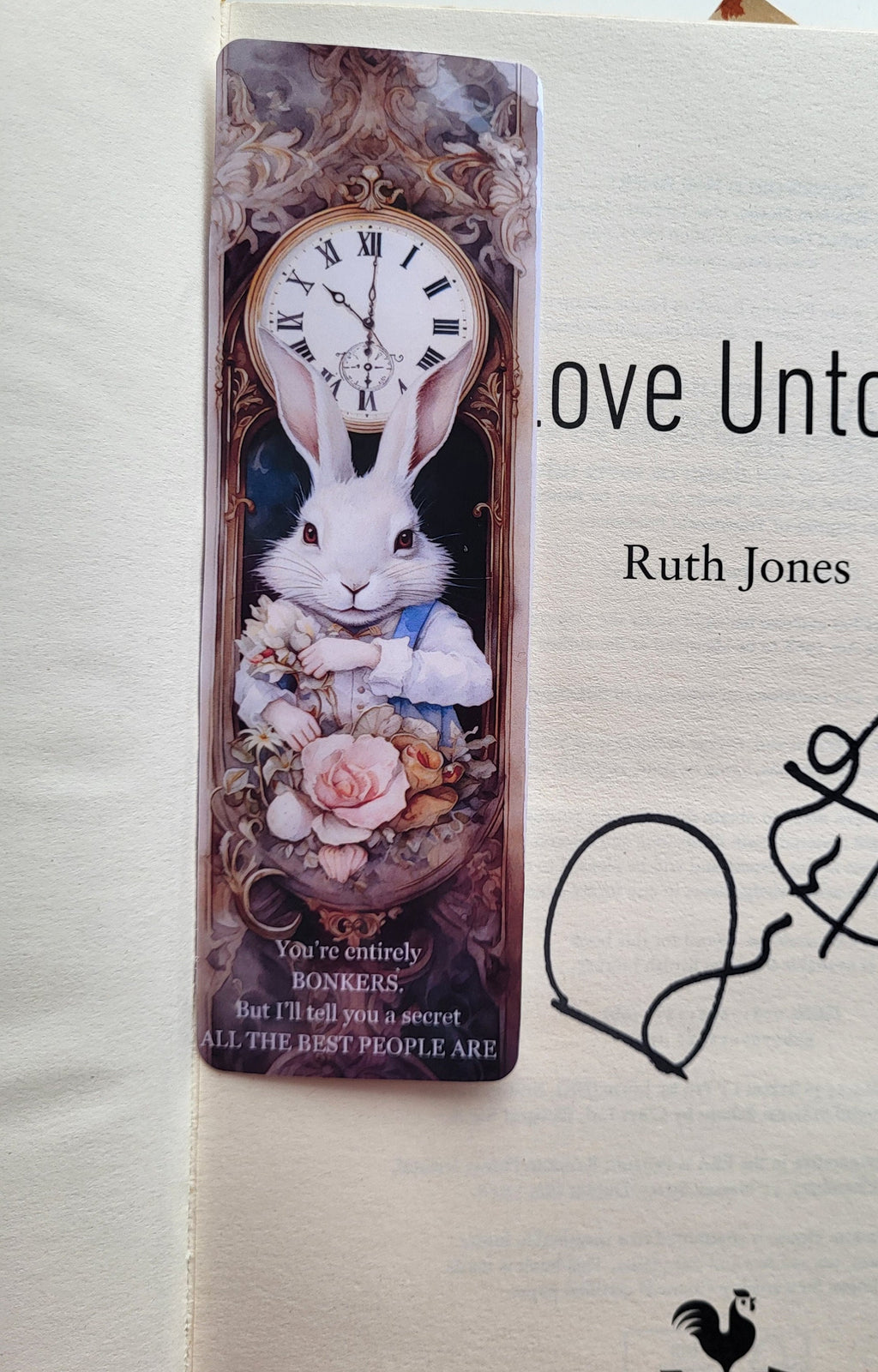 Alice in Wonderland Bookmark: White Rabbit, Antique Clock & "Bonkers" Quote | Literary Gift