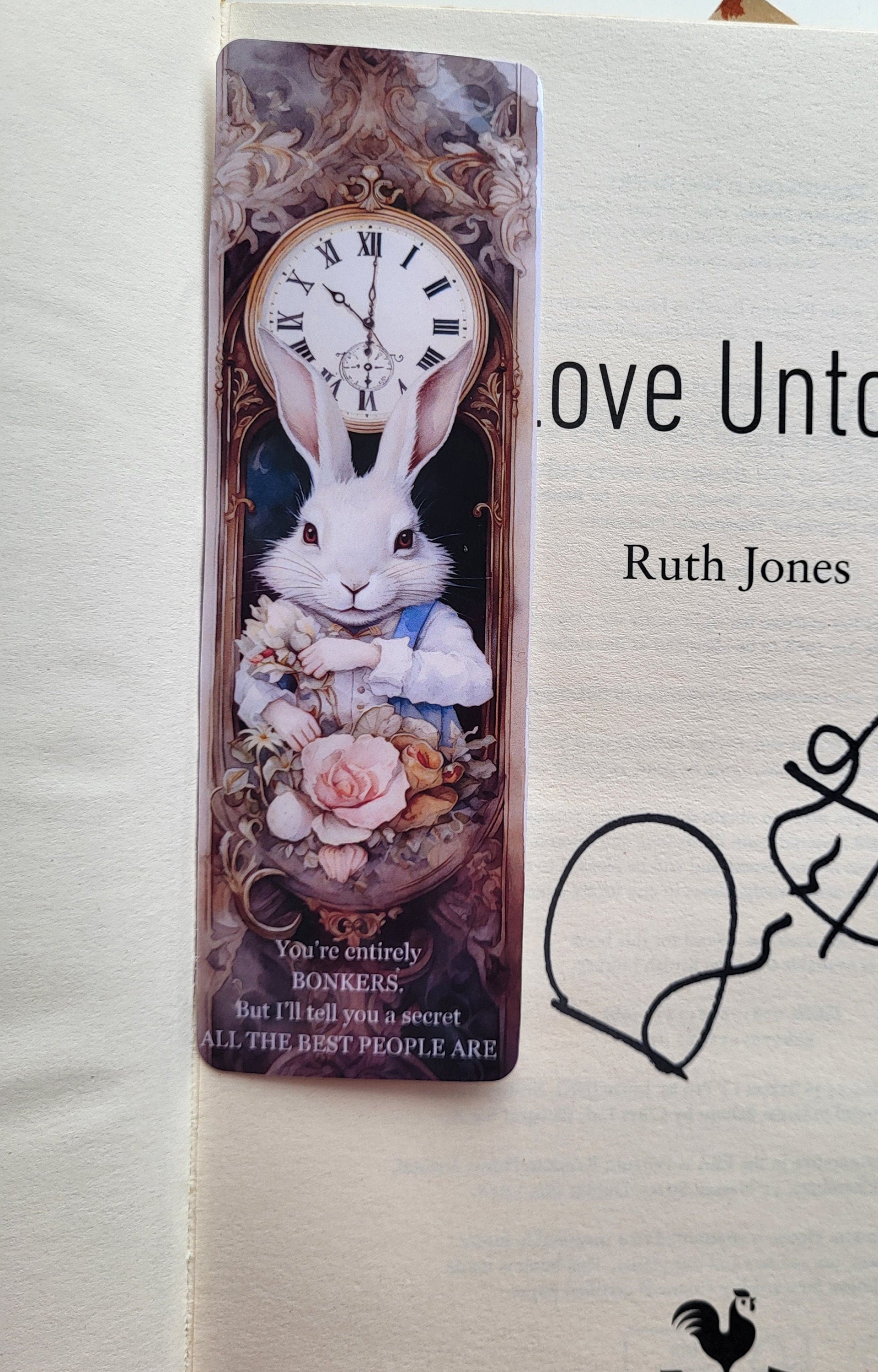 Alice in Wonderland Bookmark: White Rabbit, Antique Clock & "Bonkers" Quote | Literary Gift