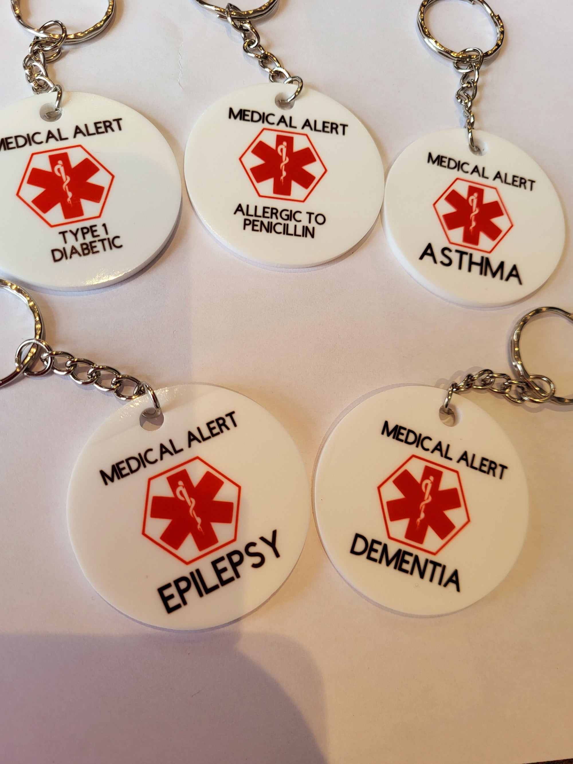 Medical Alert Keychains: Type 1 Diabetic, Penicillin Allergy, Asthma, Epilepsy, Dementia with Star of Life Medical Symbol