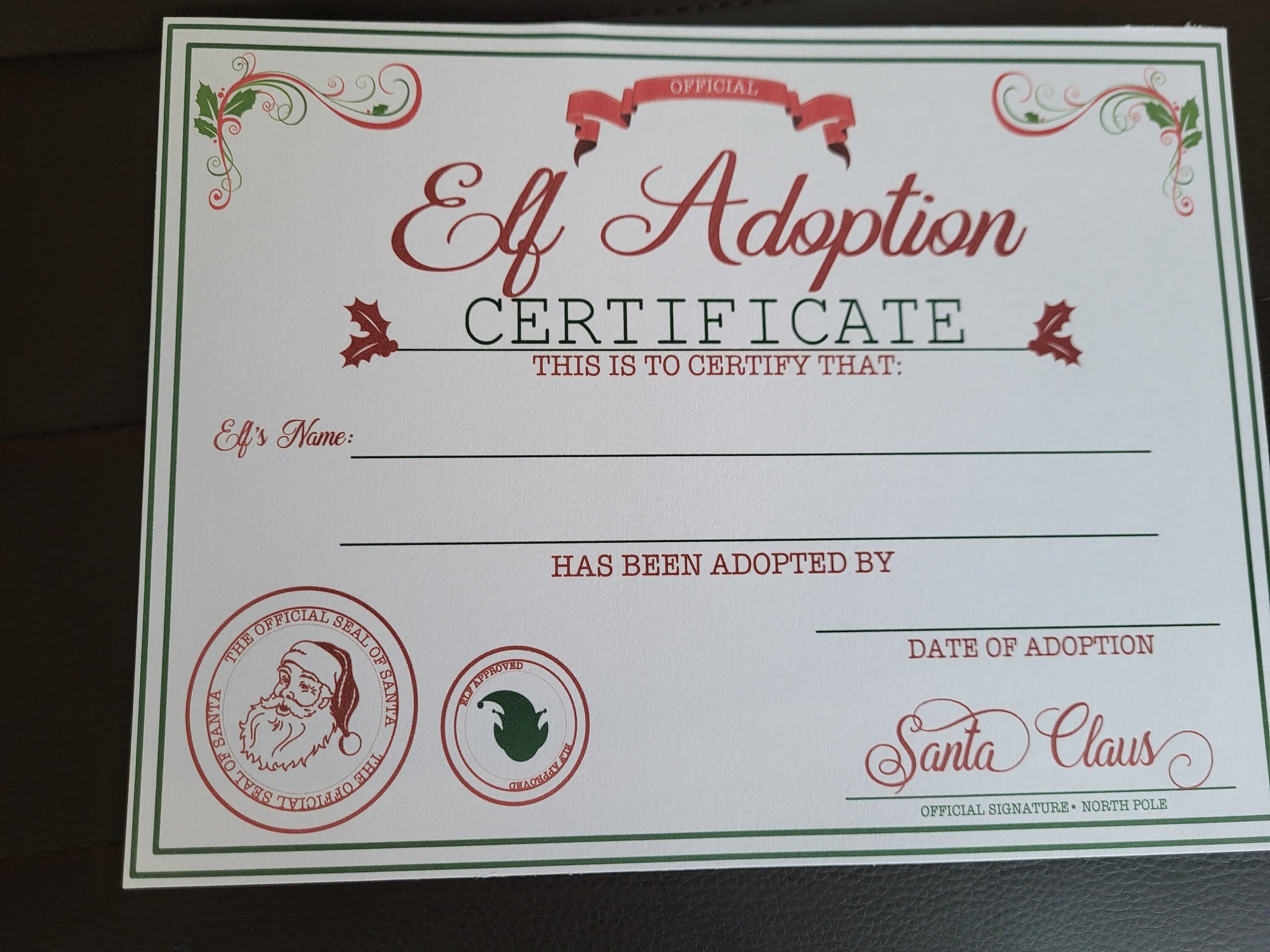 Elf Adoption Certificate: Official Santa Claus Elf Adoption Form for Christmas Elf Fun, Adoption Date, Elf Name