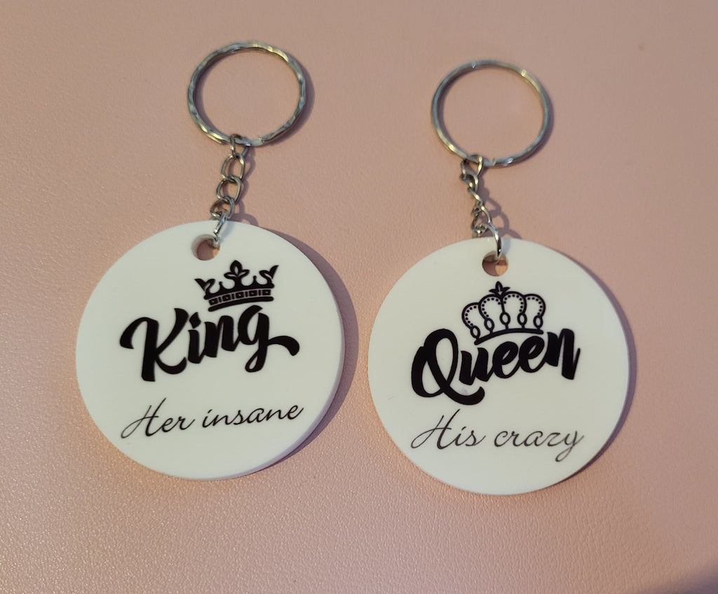 King and Queen Keychain Set: Her Insane, His Crazy - Couple Gifts, Personalized Keyrings by Glitz and Glam By Tam