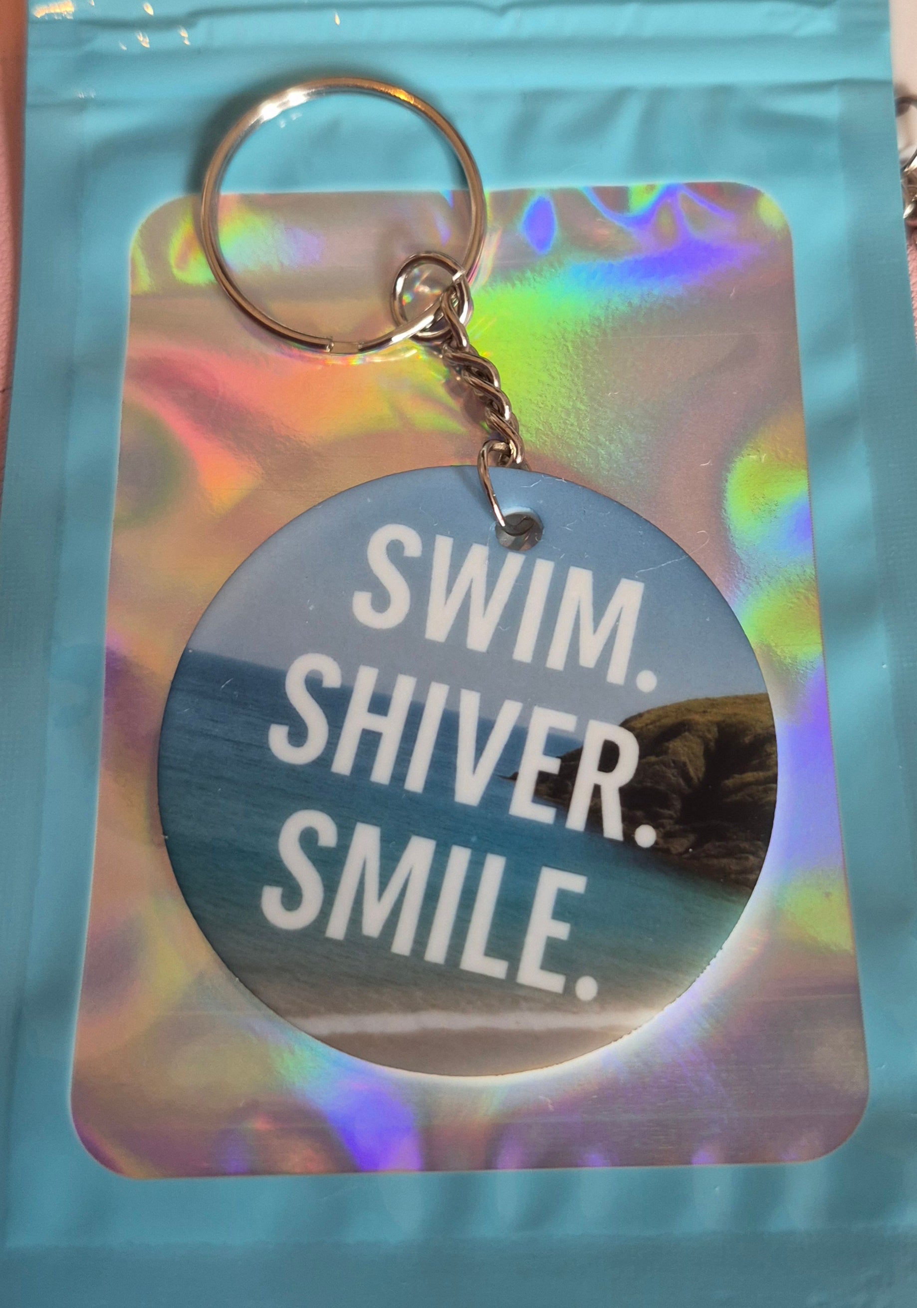 Swim Shiver Smile Keyring – Wild Swimming Gift – Sea Swimmer Acrylic Keychain – Cold Water Dip Accessory – Beach Lover Gift in Holographic Pouch